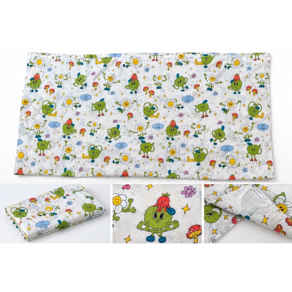 Vintage Style Cartoon Apple Daisy Mushroom Print Pillowcase White Standard Size